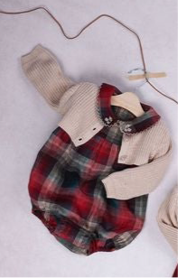 Pompomme Blue/Brick Plaid Romper