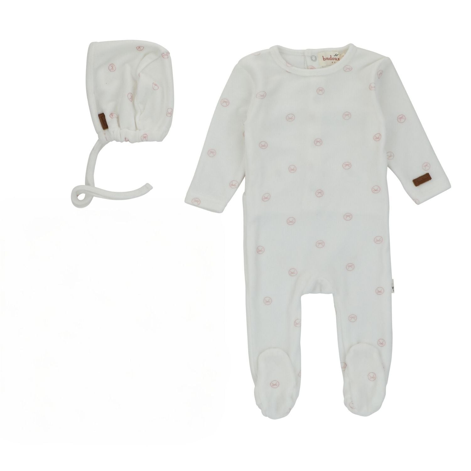 Bondoux Light Pink Rope Print Velour Footie + Bonnet