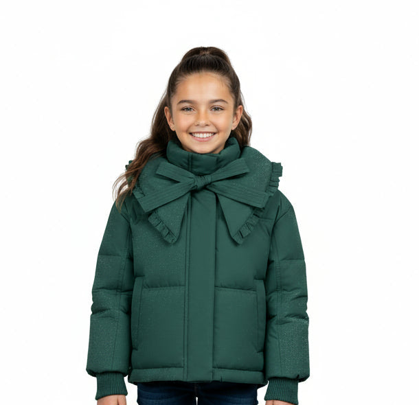 Pramie Girls Green Bow Collar Jacket – Luxury Designer Outerwear (Sizes 5–16)