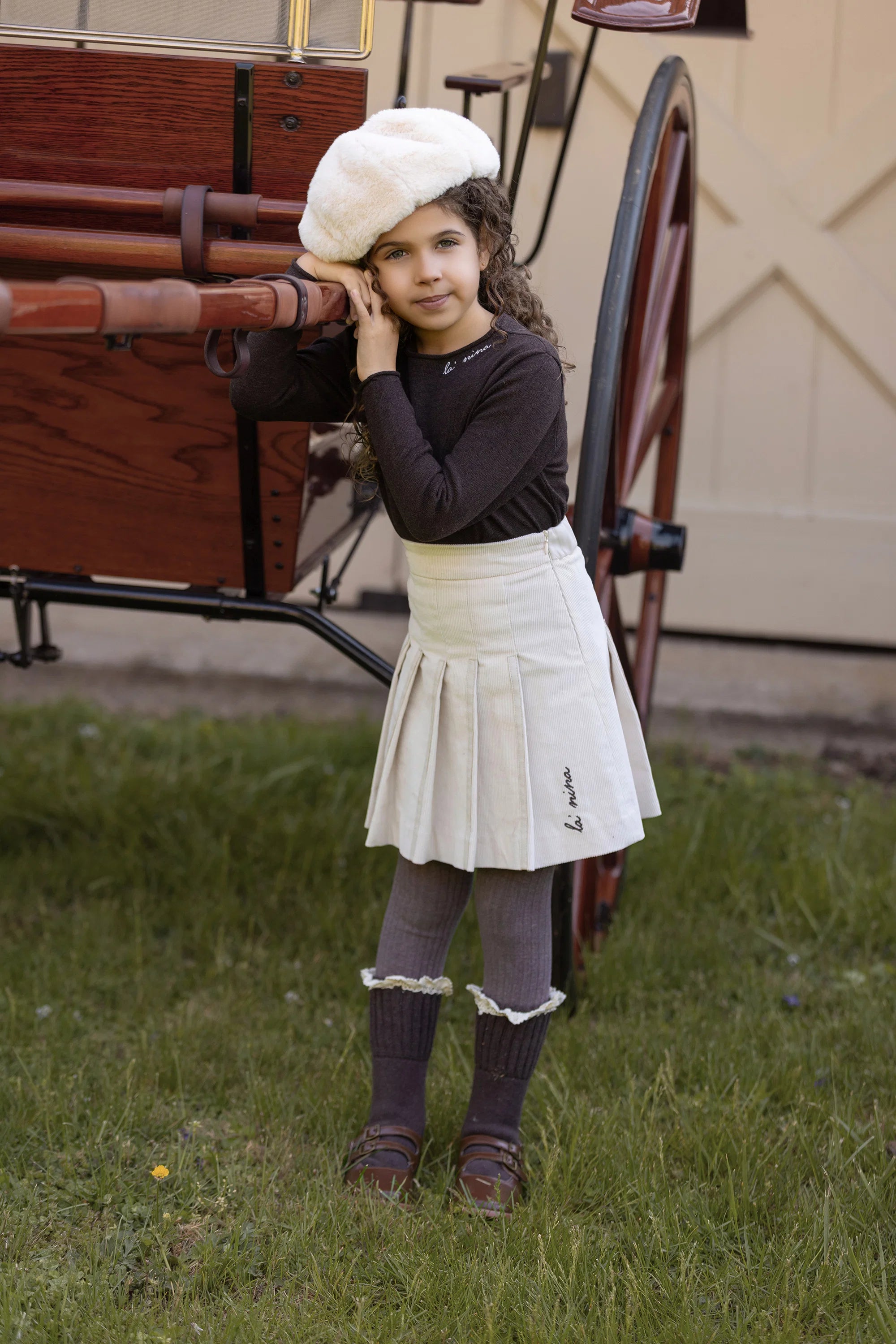 La Nina Cream Corduroy Skirt with Logo Sweater Set