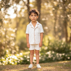Child in a white outfit standing in a sunlit forest