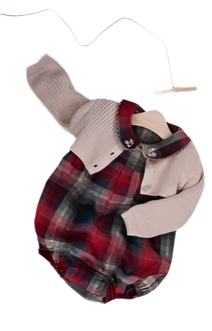 Pompomme Blue/Brick Plaid Romper