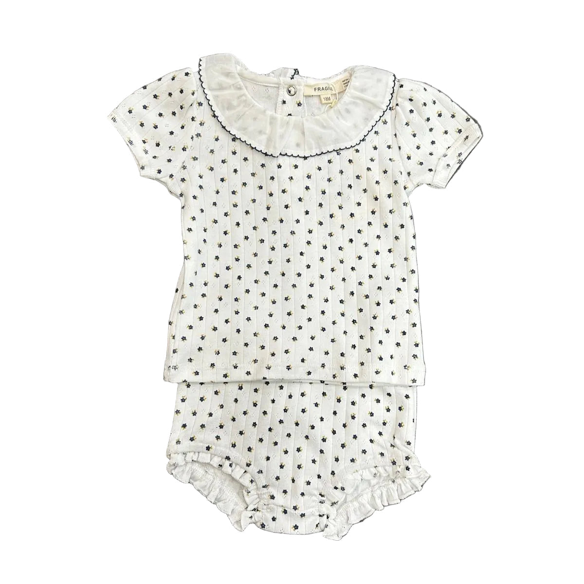 Fragile  - Baby Pointelle With Flower Print 2 PCS Short Set With Ruffle Collar