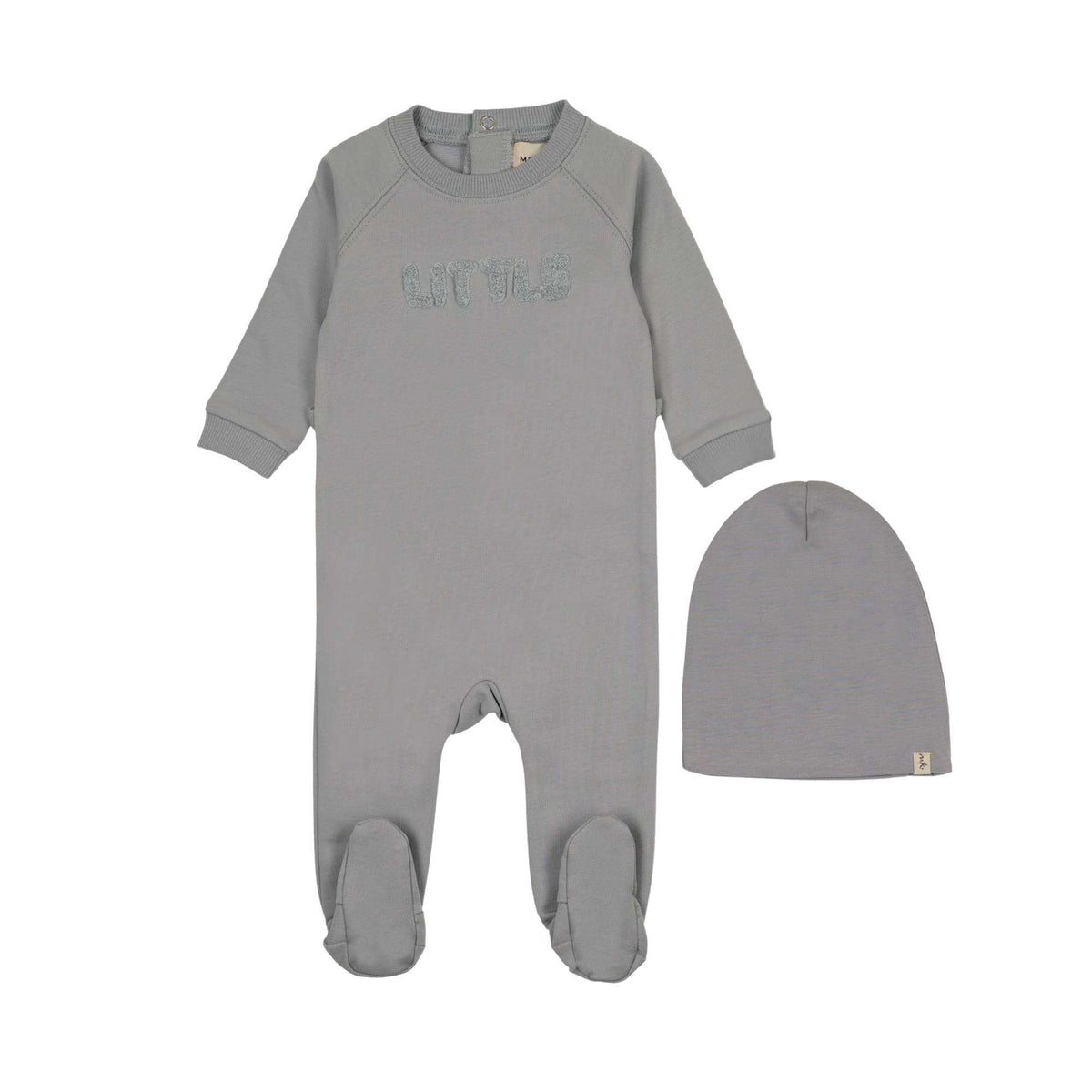 Mema Knits Dove Blue Sherpa Wordart Footie + Beanie
