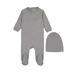 Mema Knits Dove Blue Sherpa Wordart Footie + Beanie