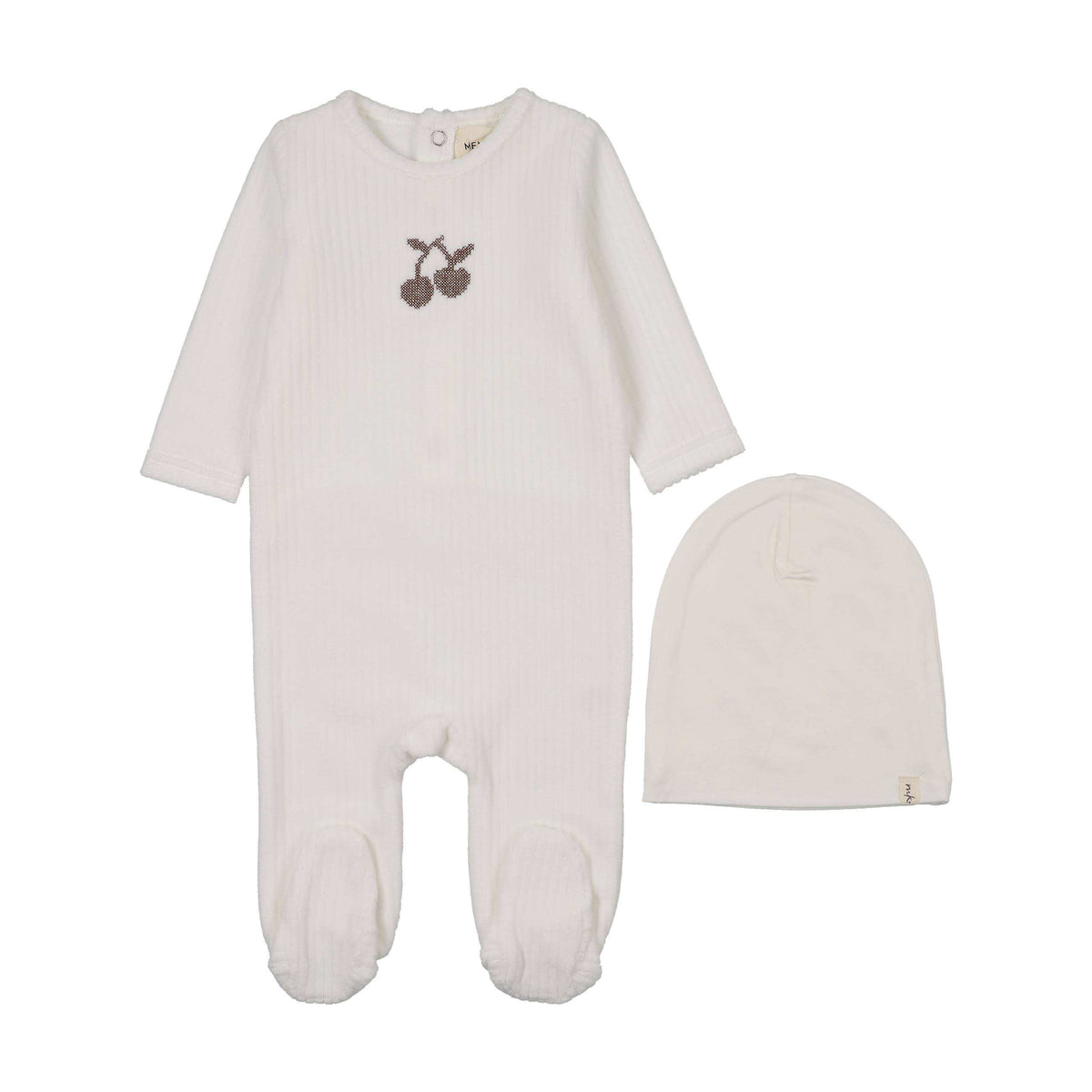 Mema Knits Winter White Embroidered Cherry Footie + Beanie