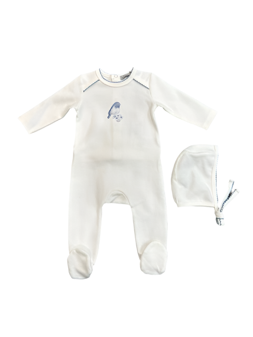 BIRD PICOT TRIM FOOTIE + BONNET