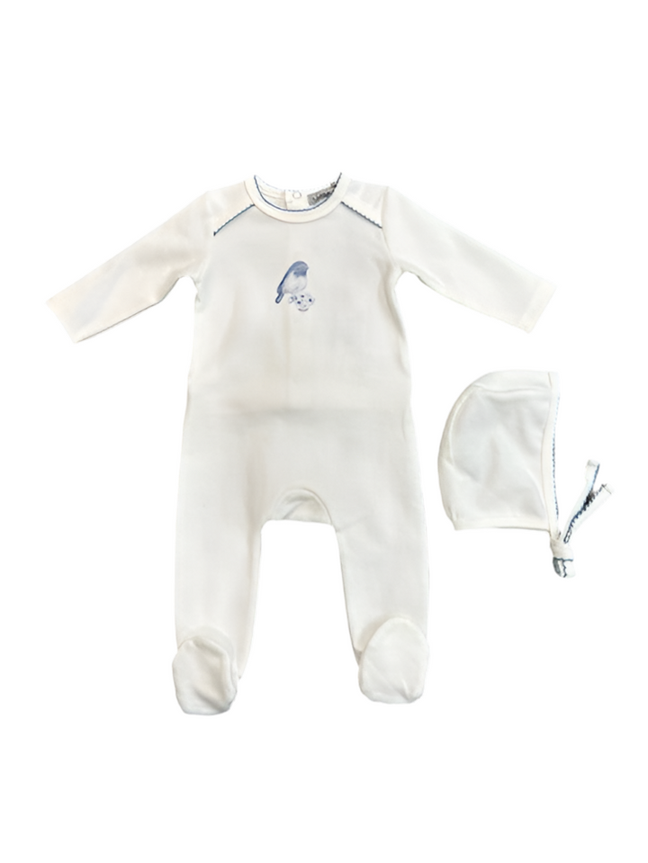BIRD PICOT TRIM FOOTIE + BONNET