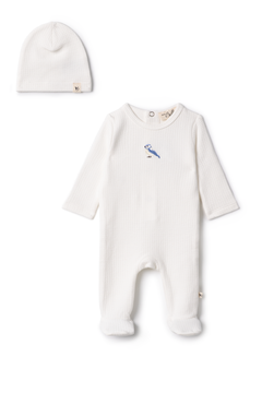 Bebe Bella White Checkered Bird Applique Footie + Beanie
