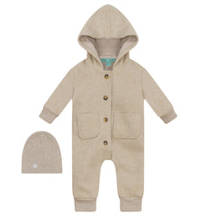 Mini P Oatmeal Rib Trimmed Wool Overall