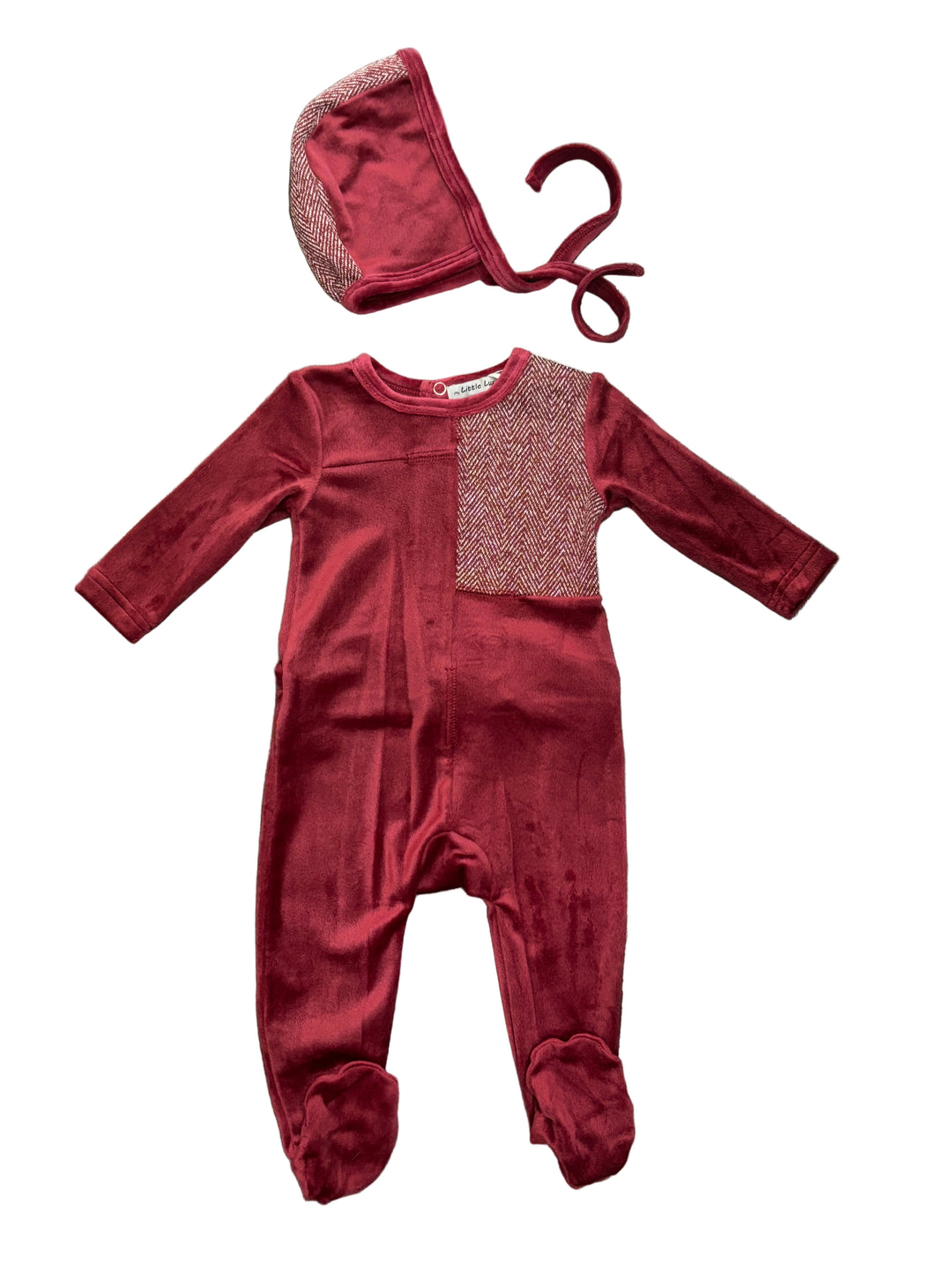 Little Lux Herringbone/Velour Footie+Bonnet