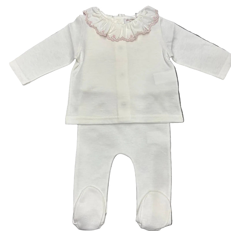 La Mascot - Pink Embroidered Top + Footed pants + Bonnet