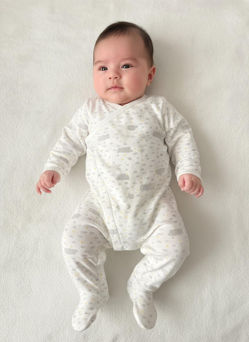 Baby wearing a white onesie with gray patterns on a light gray background