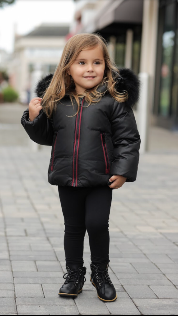 Little Girls Black Down Jacket with Red Trim | PRAMIE
