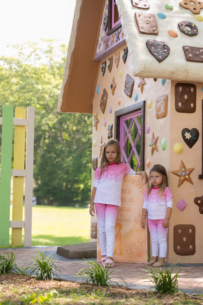 Miss Mini Cross Stitch girls pajama set in soft cotton, cozy two piece sleepwear with embroidered detail
