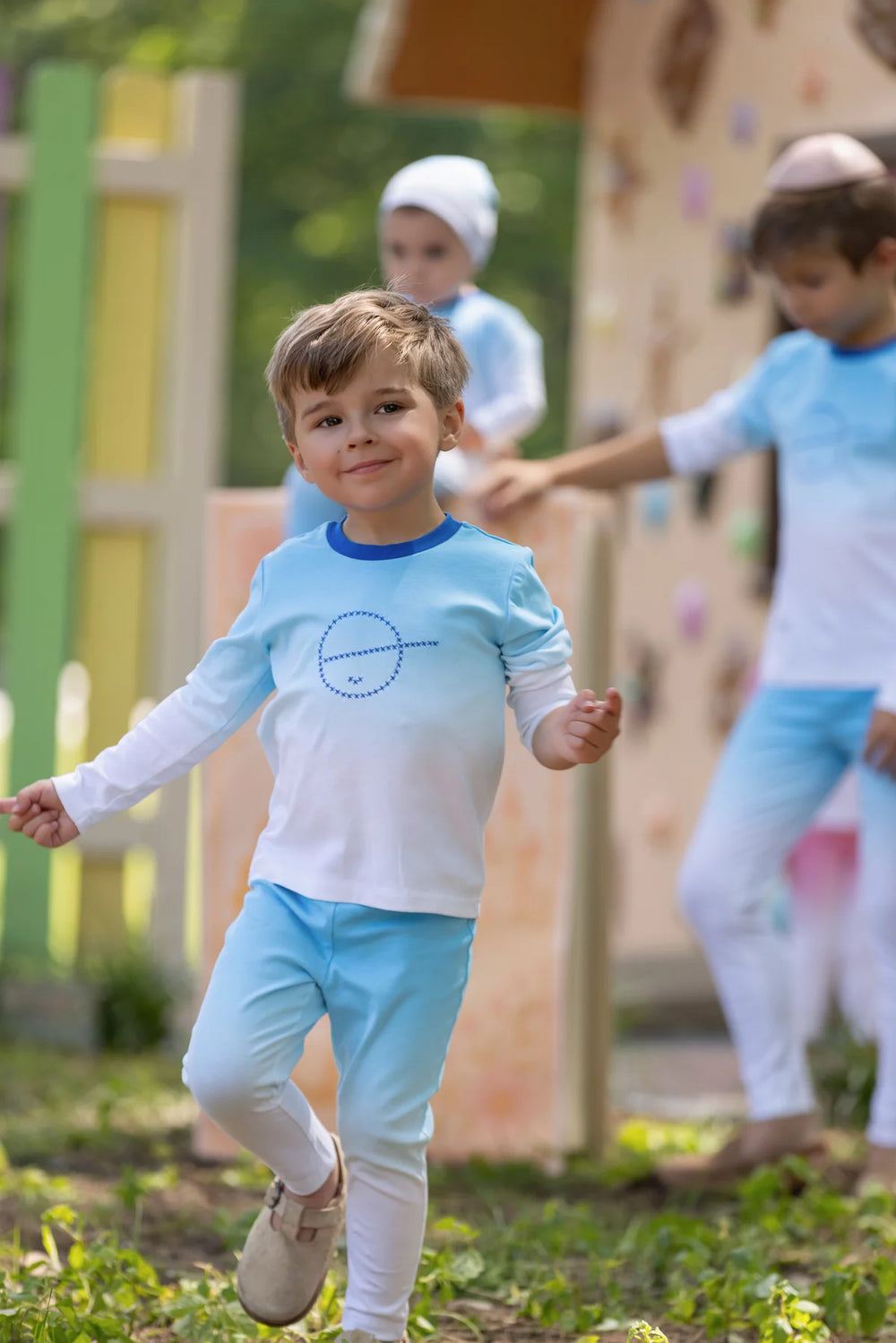 Miss Mini Cross Stitch boys pajama set in soft cotton, cozy two piece sleepwear with embroidered detail