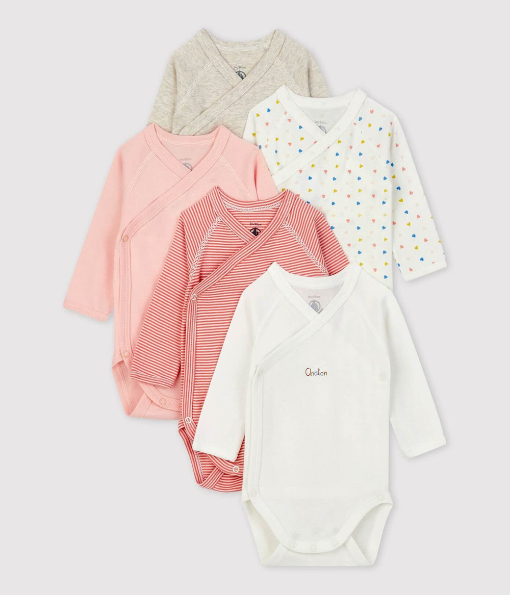Petit Bateau Baby Long Sleeve Crossover Bodysuit Organic Cotton Pack of 5