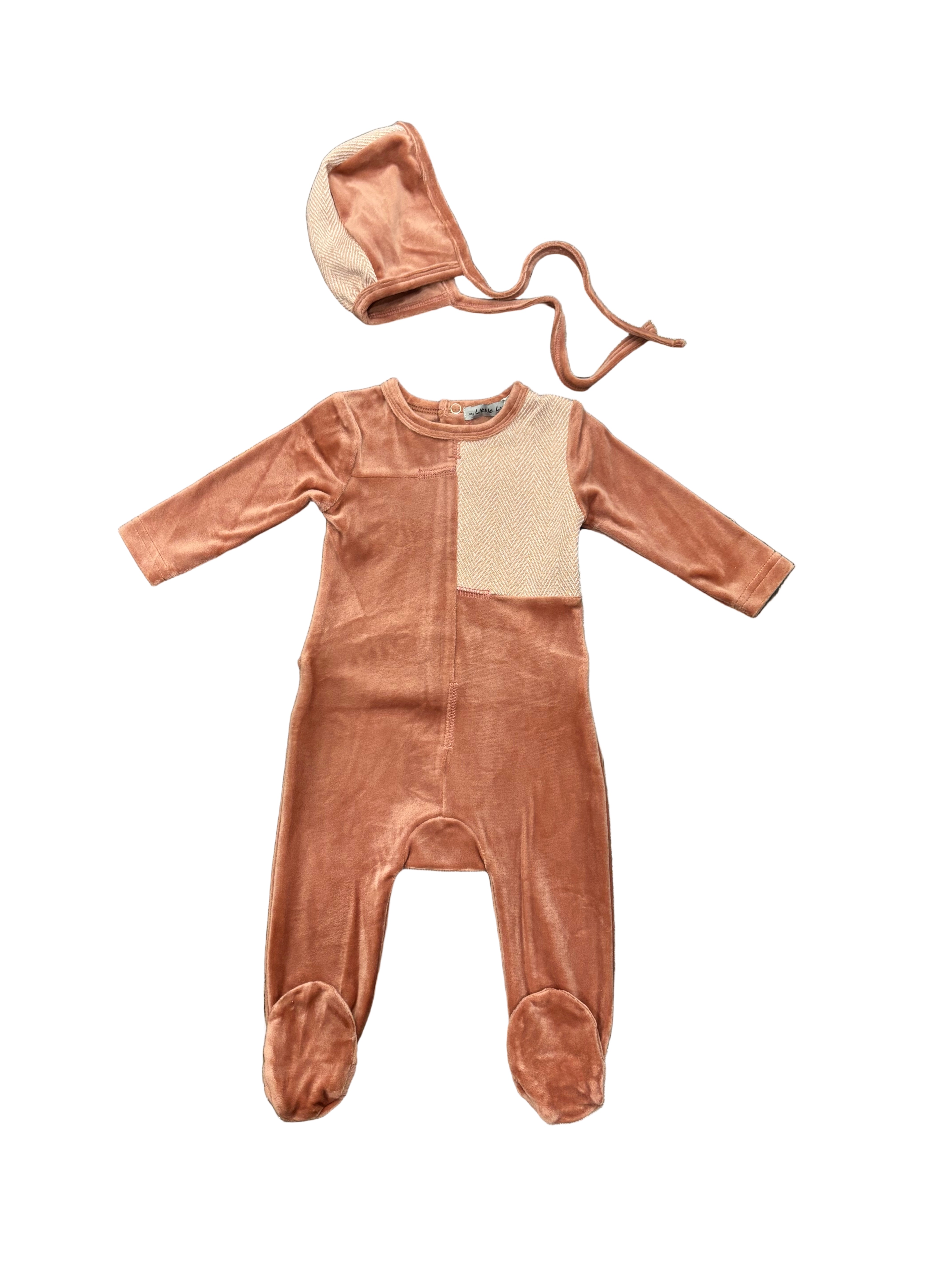 Little Lux Herringbone/Velour Footie+Bonnet