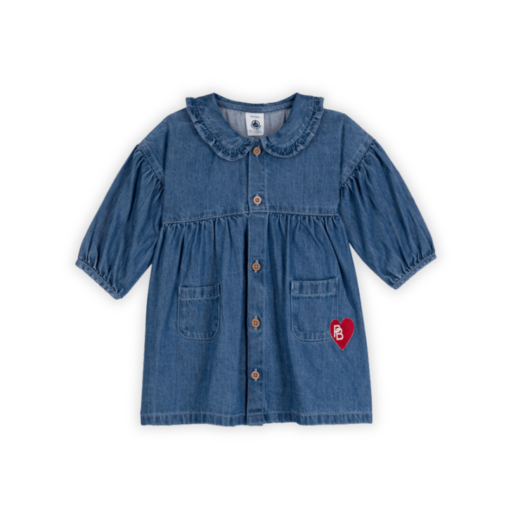 Petit Bateau | Light Denim Baby Dress with Ruffled Collar