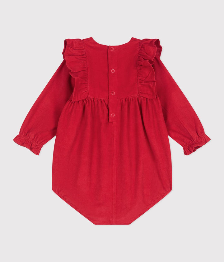 Babies' short corduroy playsuit with smocking and ruffles