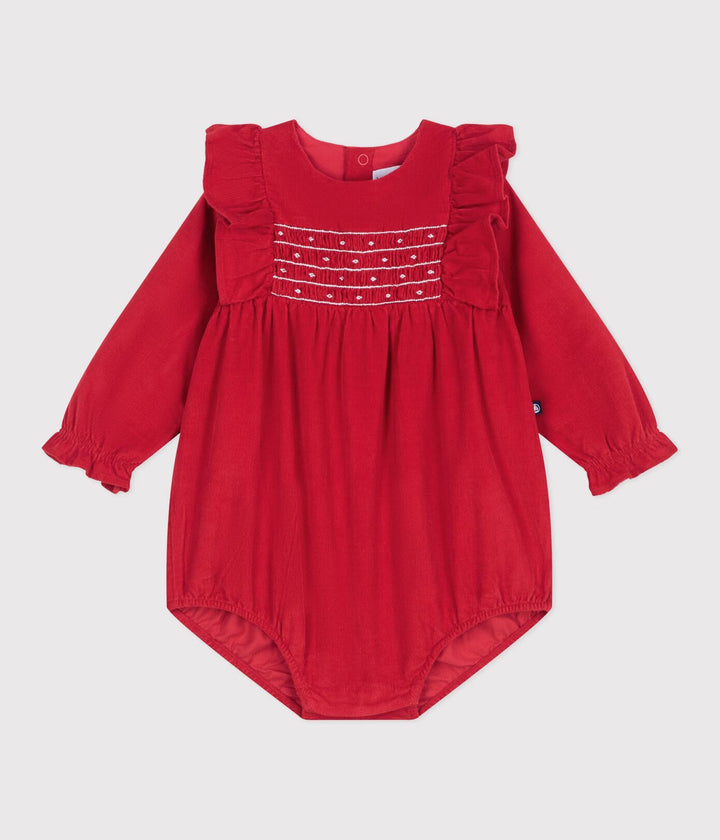 Babies' short corduroy playsuit with smocking and ruffles