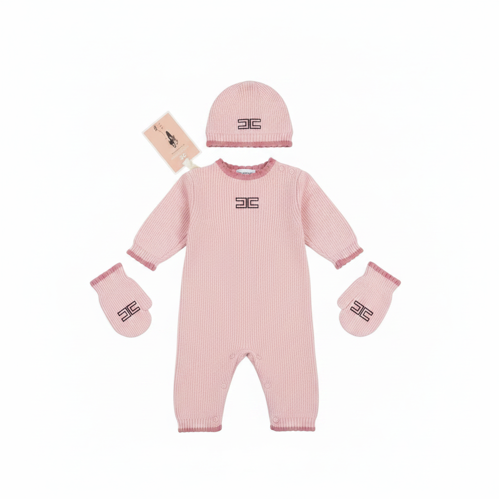Elisabetta Franchi La Mia Bambina Pink/Ivory English Knitted Romper With Edges
