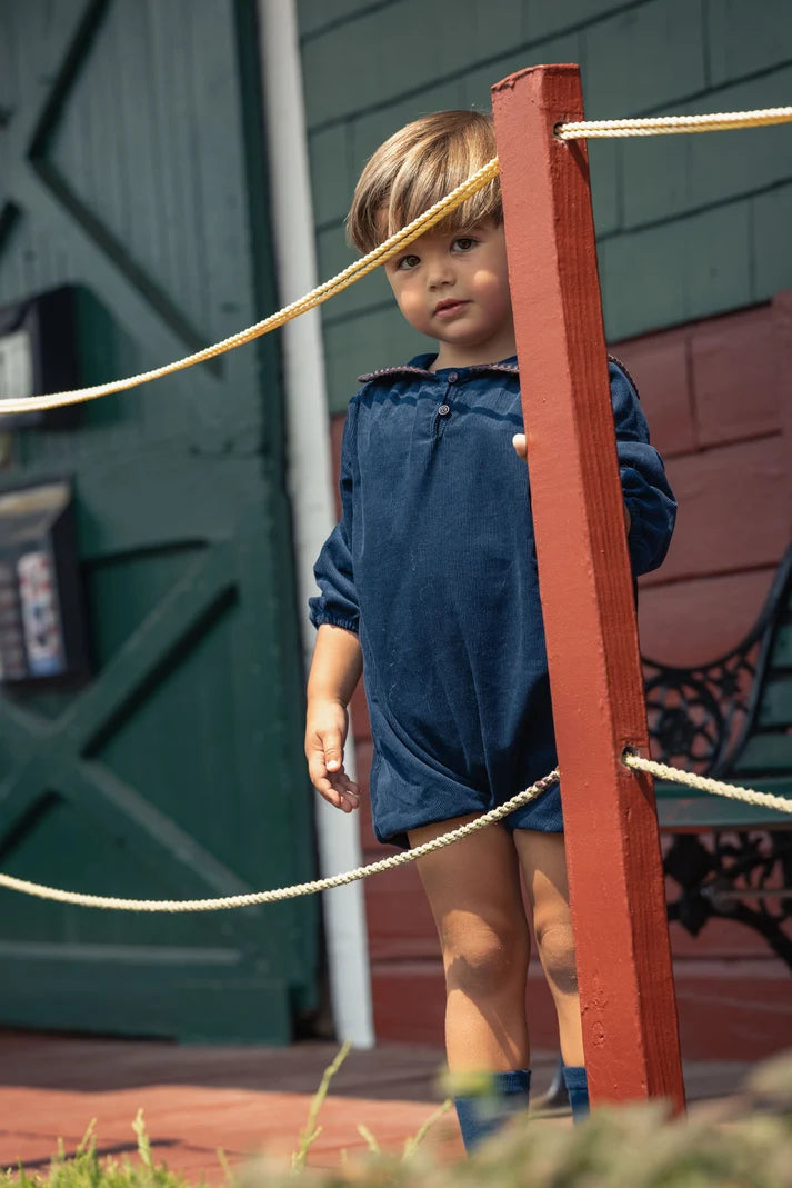 Mini Moda Navy Heirloom Collar Romper + Bonnet