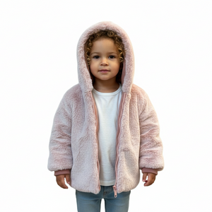 Child wearing a pink hooded jacket on a white background