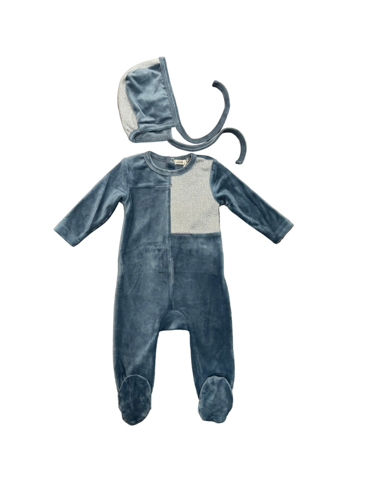 Little Lux Herringbone/Velour Footie+Bonnet