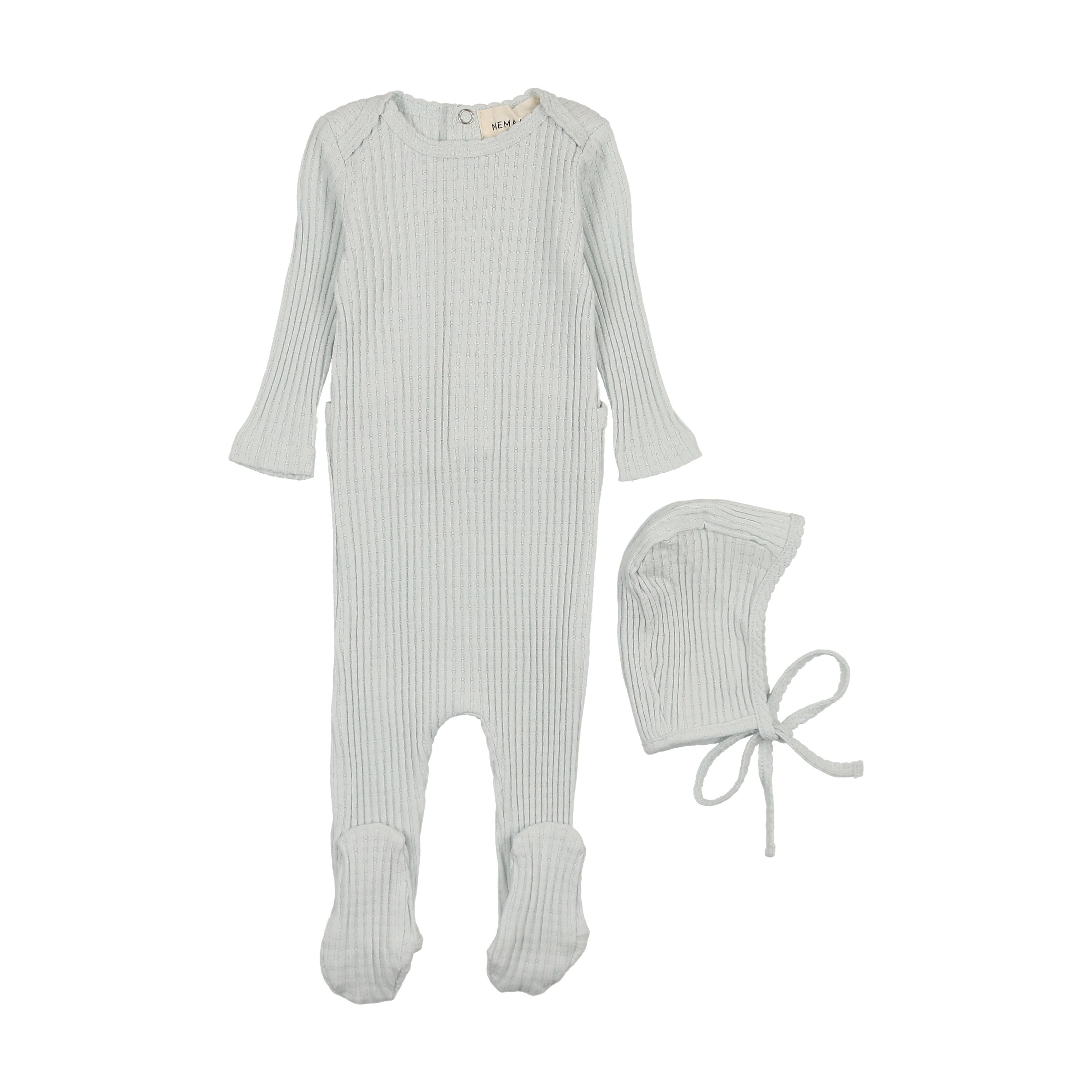 Mema Knits Blue Picot Edge Textured Footie + Bonnet