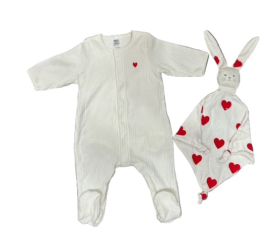 Petit Bateau baby 2-piece set with footie, bodysuit, and doudou comfort toy