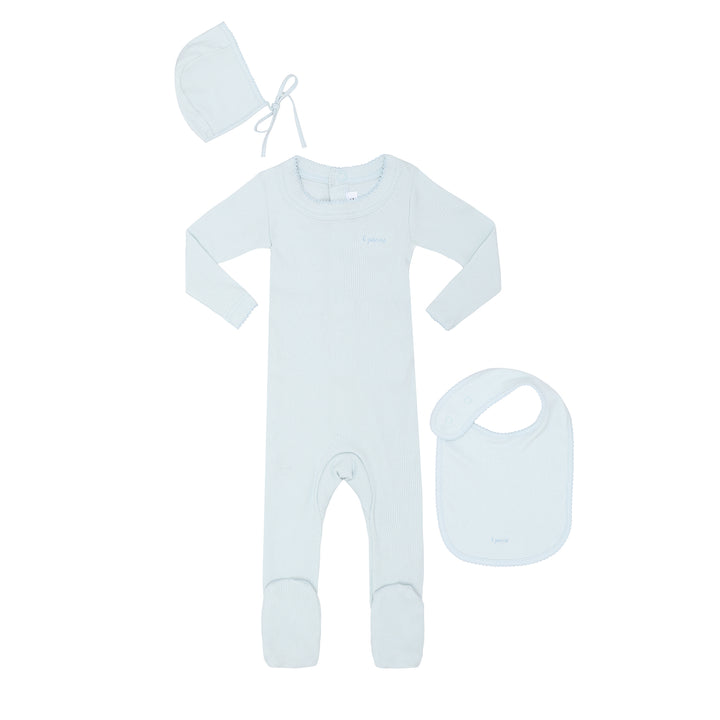 parni light blue ribbed pico footie and bib gift box