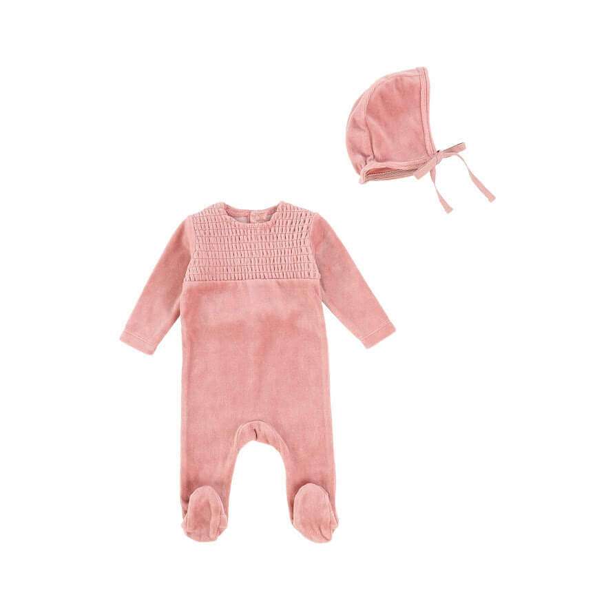 Velour Smocked Footie + Bonnet