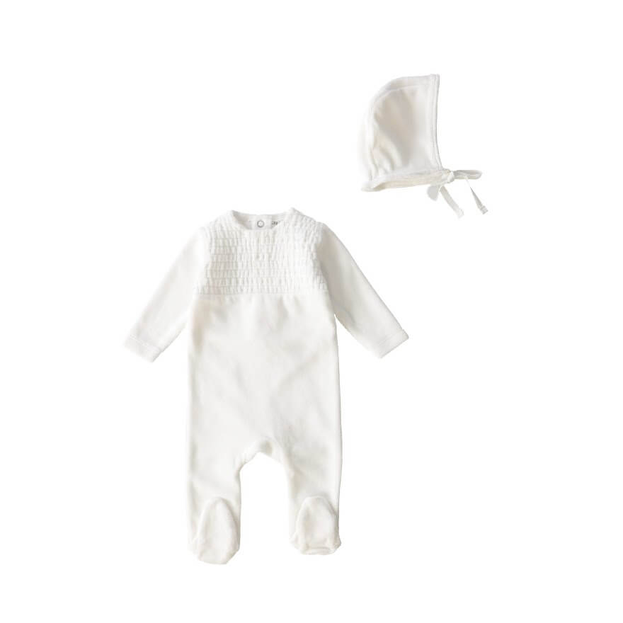 Velour Smocked Footie + Bonnet