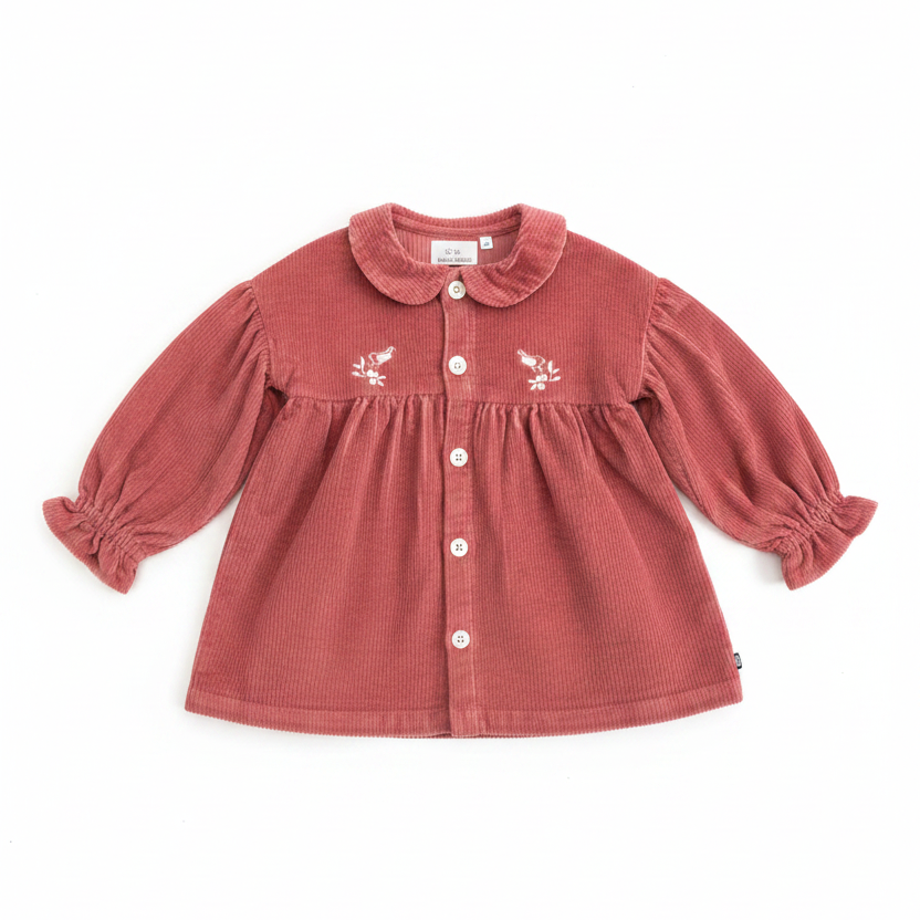 Red children's dress with floral embroidery on a white background