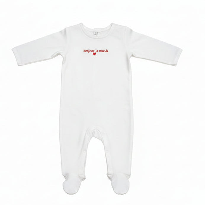 White baby onesie with red text on a white background