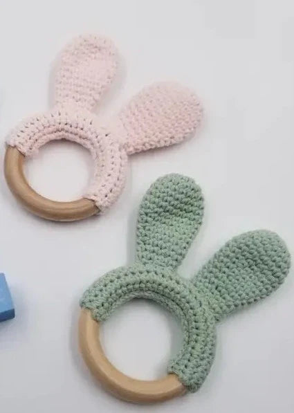 Wooden Crochet Bunny Baby Rattle