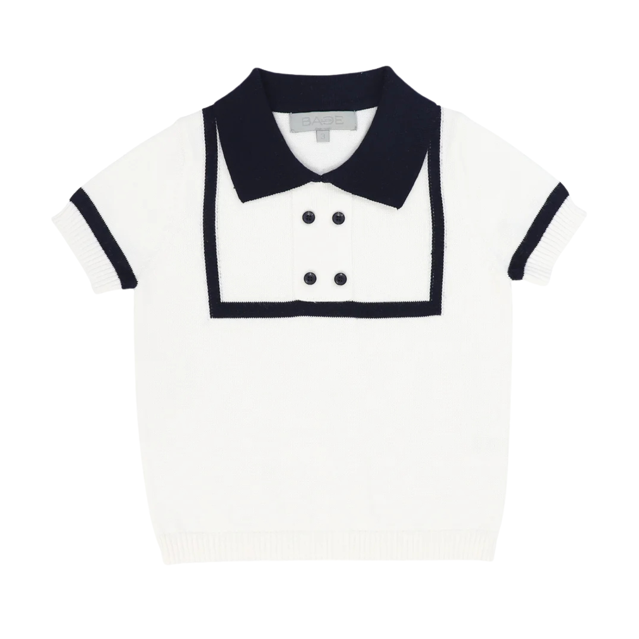 White shirt with black collar and trim on a white background