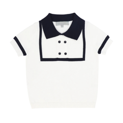 White shirt with black collar and trim on a white background