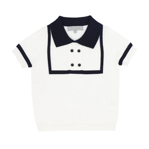 White shirt with black collar and trim on a white background