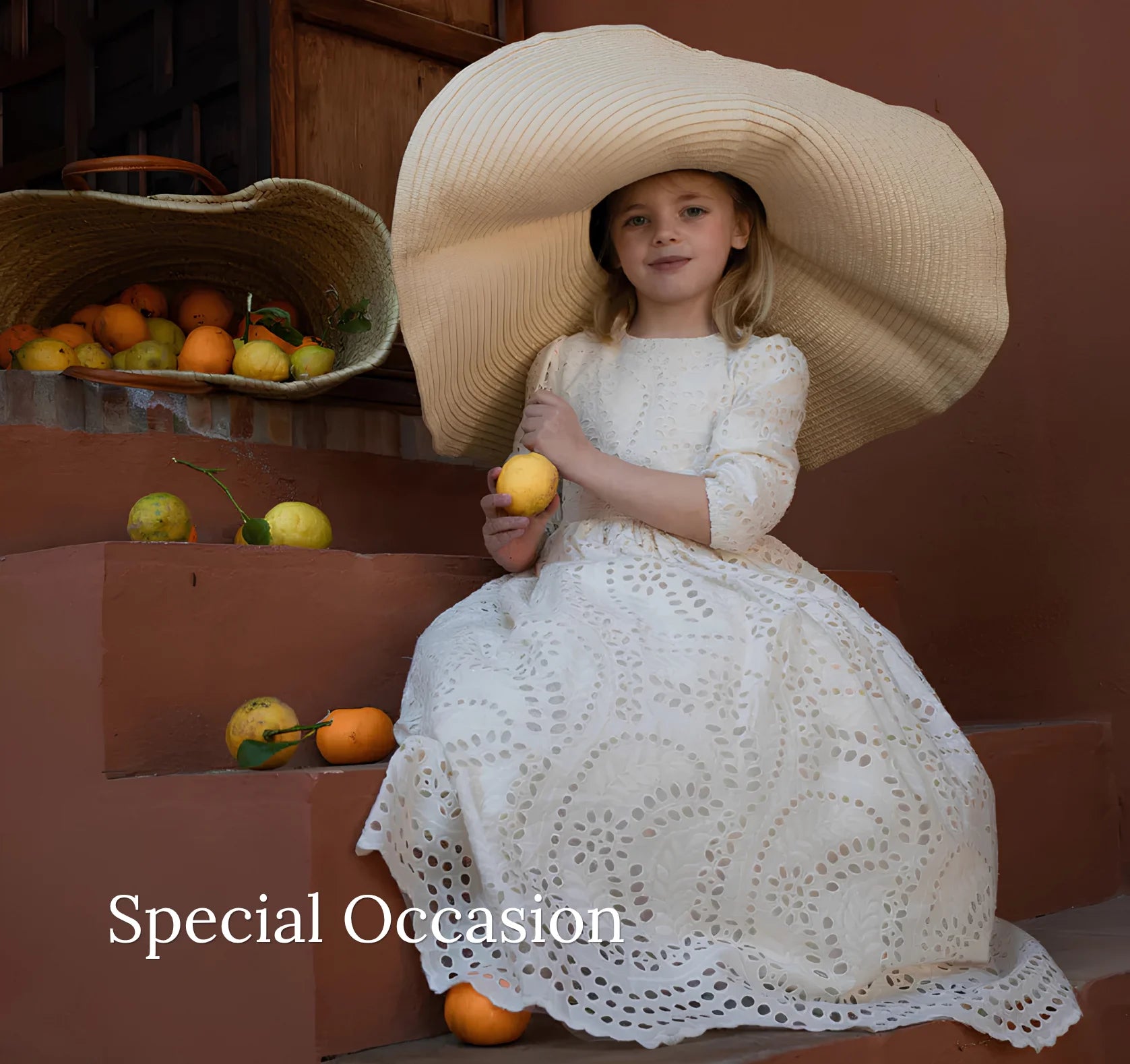 Young girl in a white dress and large beige hat holding lemons, with 'Special Occasion' text.