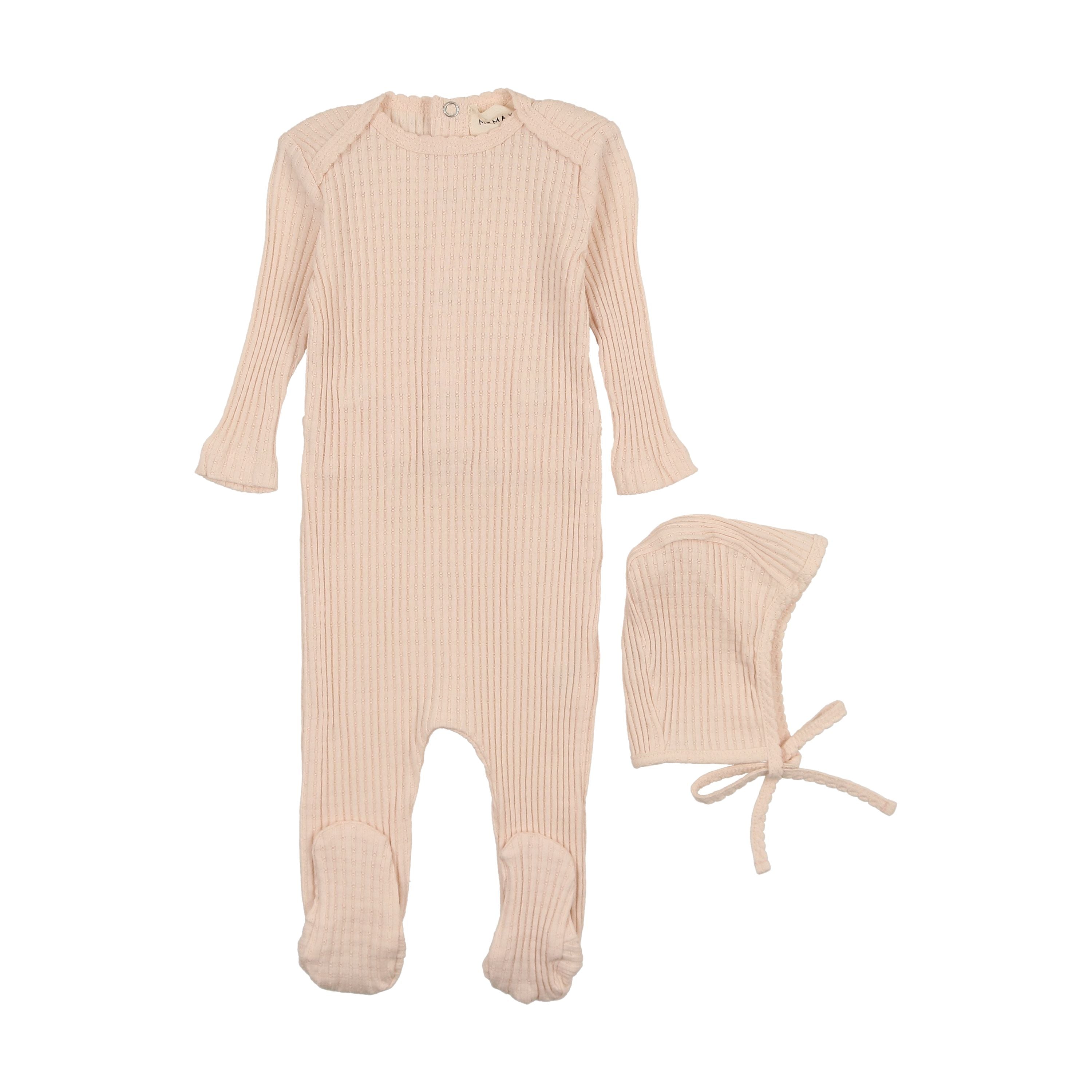 Mema Knits Peach Dust Picot Edge Textured Footie + Bonnet