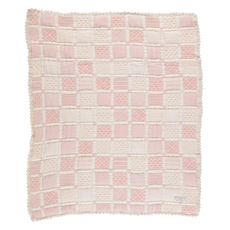 Bebe Organic Mai Patchwork Organic Cotton and Linen Heirloom Baby Blanket Boutique Designer Nursery Throw Dusty Rose