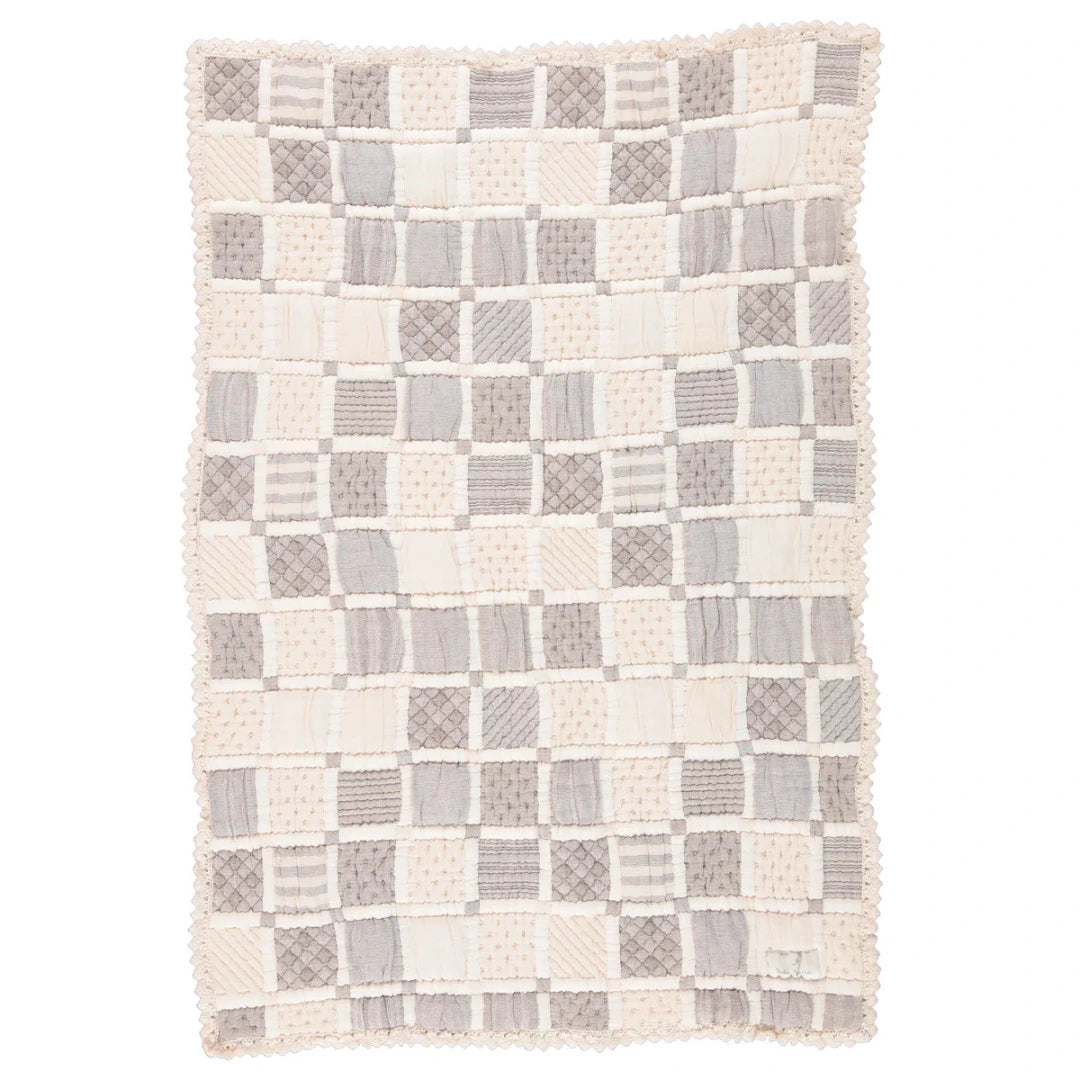 Bebe Organic Mai Patchwork Organic Cotton and Linen Heirloom Baby Blanket Boutique Designer Nursery Throw Taupe