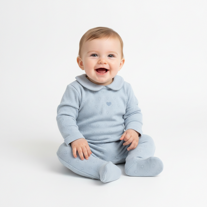 Bebe Organic Sea Blue Heart Pointelle Footie + Bonnet