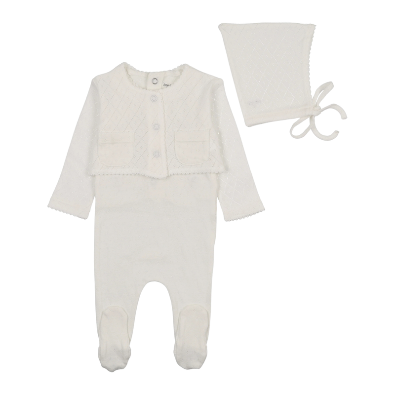 White baby onesie with footies and matching hat on a white background