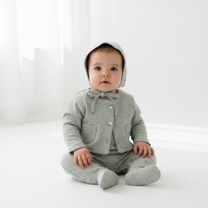 Baby wearing a gray outfit with a hood on a white background