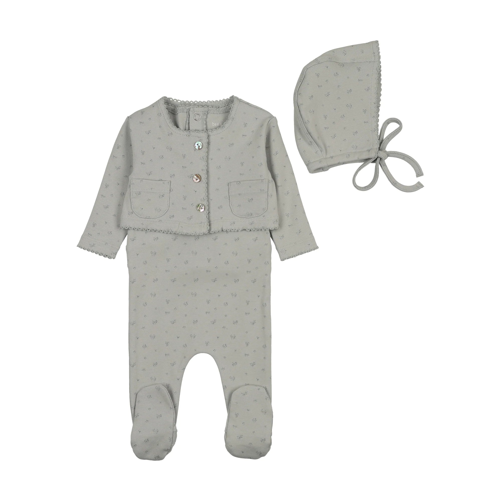 Baby outfit set with gray cardigan, footed romper, and bonnet on a white background