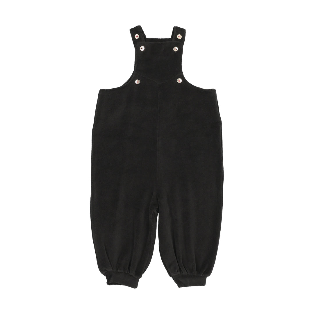 Black overalls with button straps on a white background