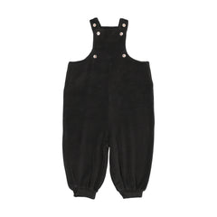 Black overalls with button straps on a white background